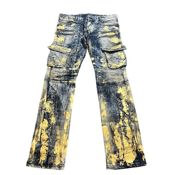 Rockstar Men’s Jeans Gold Splatter Paint Distressed Grunge Streetwear Y2K 34 - Picture 1 of 13